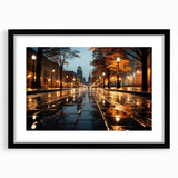 Framed wall art design showcasing a scenic landscape road in vibrant colors, set against a sleek black matte frame, perfect for modern home decor.