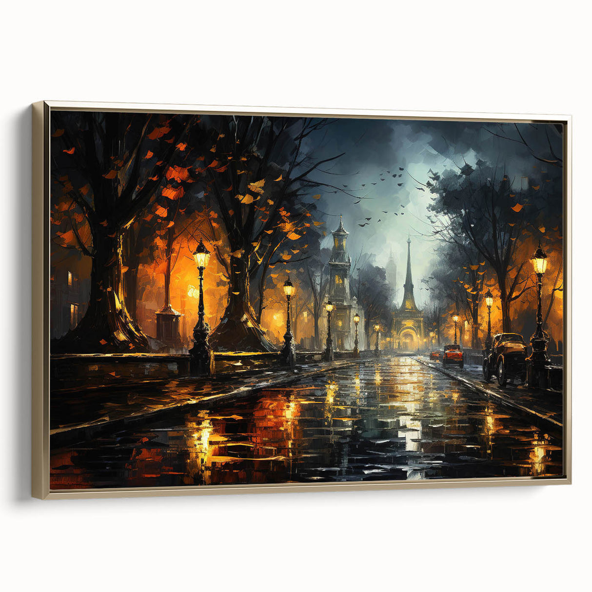 Framed canvas wall art featuring a scenic landscape with winding roads and lush greenery, presented in a stylish gold frame, ideal for home decor.