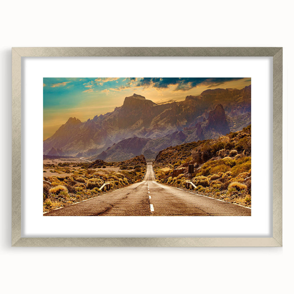 Silver-framed wall art featuring a serene landscape and winding road design, elegantly matted for a polished look, ideal for home decor enhancement.