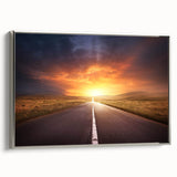 Framed canvas wall art showcasing a serene landscape with winding roads and vibrant greenery, accented by a sleek silver frame for modern decor.