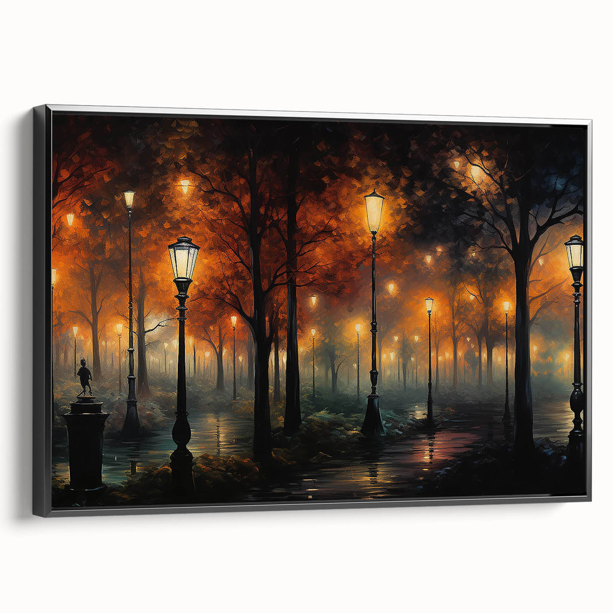 Framed canvas wall art showcasing a serene landscape road design, featuring a black frame and vibrant colors, perfect for modern home decor.