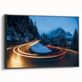 Framed canvas wall art showcasing a scenic landscape with winding roads, featuring a black frame that enhances the design's depth and visual appeal. Ideal for modern home decor.