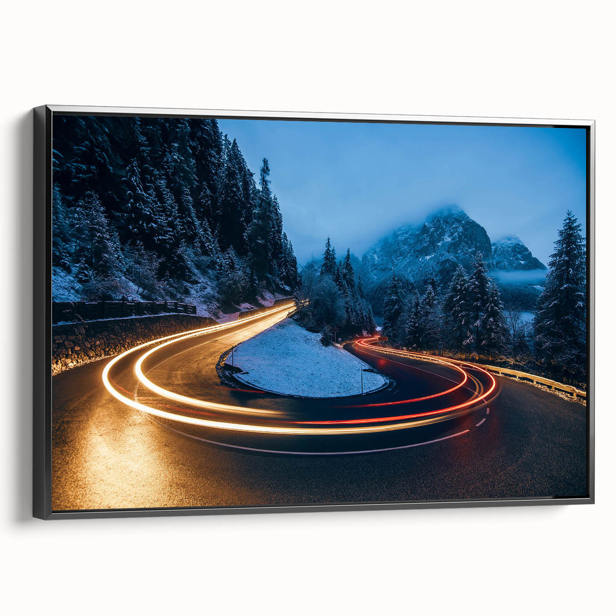 Framed canvas wall art showcasing a scenic landscape with winding roads, featuring a black frame that enhances the design's depth and visual appeal. Ideal for modern home decor.