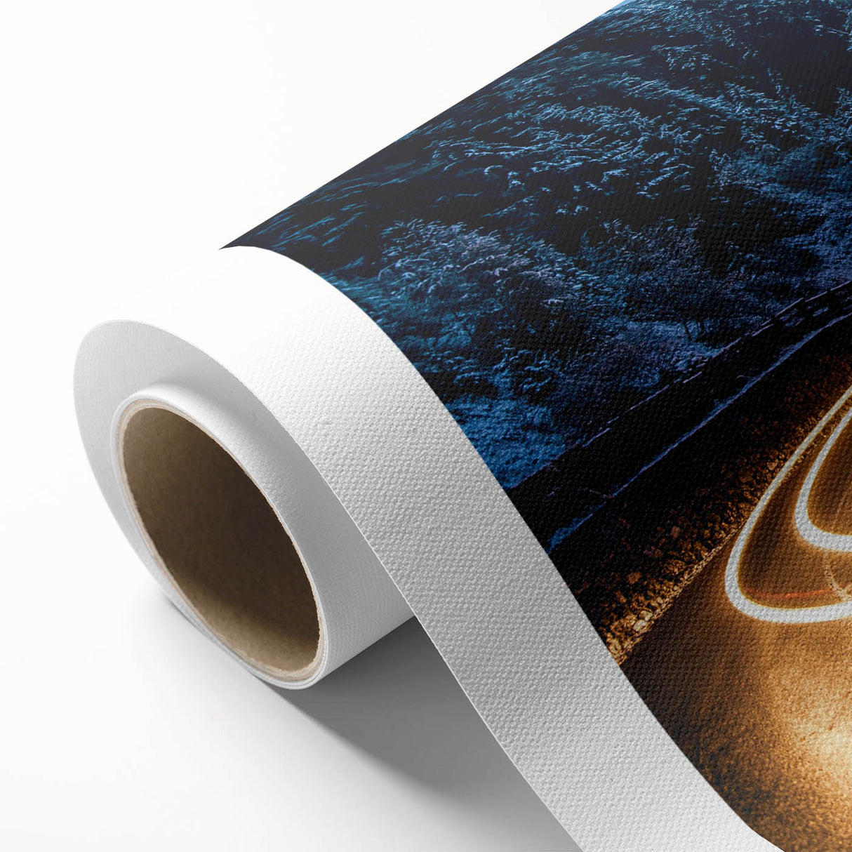 Rolled canvas artwork showcasing a vibrant landscape road design, featuring rich colors and intricate detailing, ideal for modern home decor.