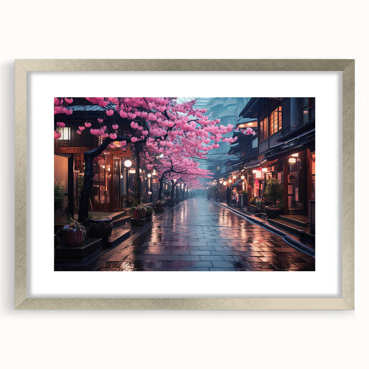 Framed wall art showcasing a serene landscape design with winding roads, set in a sleek silver frame with a mat, perfect for modern home decor.