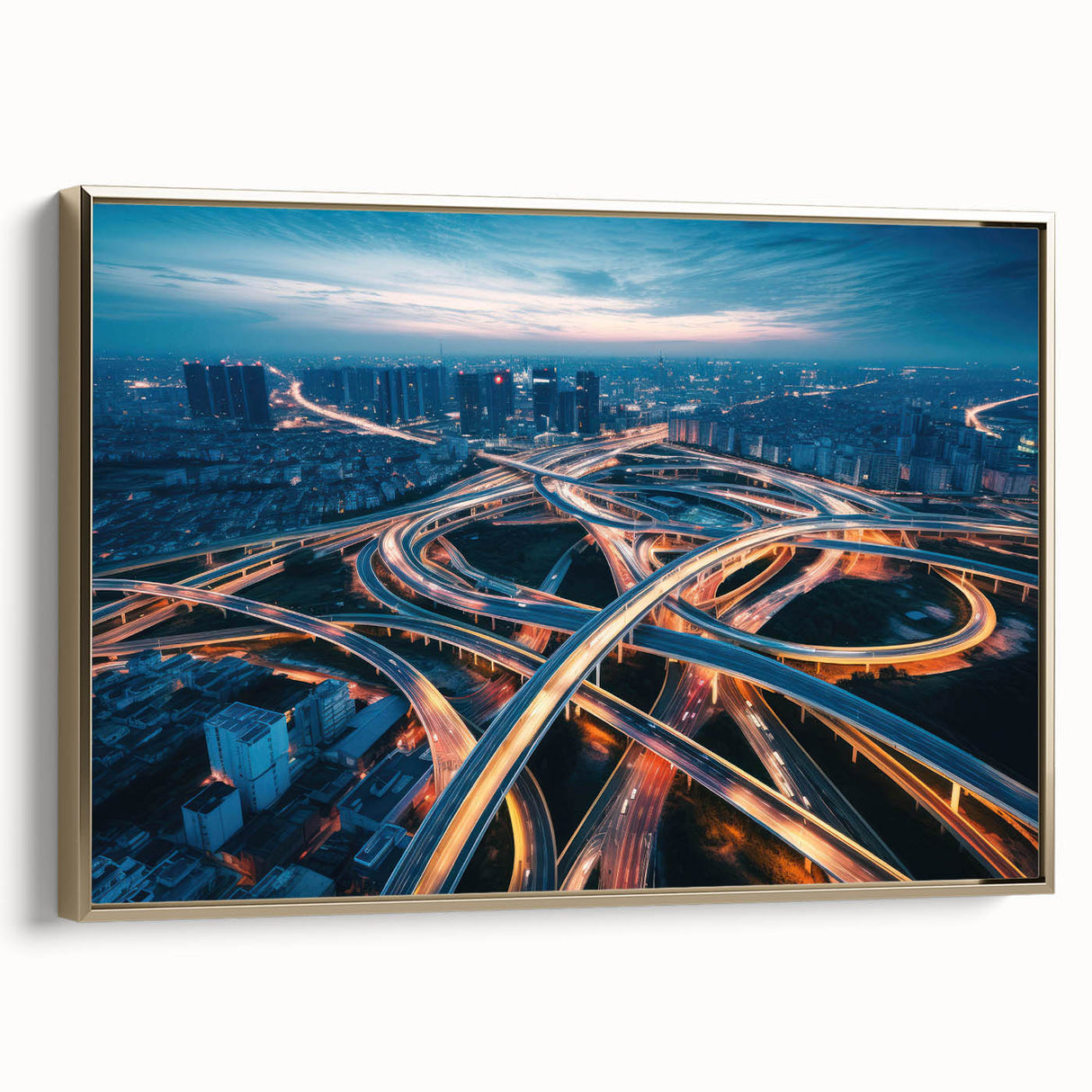 Framed canvas wall art showcasing a scenic landscape with winding roads, adorned with a gold frame, ideal for modern home decor. Perfect for adding elegance to any room.
