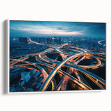 Framed canvas wall art showcasing a serene landscape with winding roads, featuring earthy tones and a white frame, perfect for modern home decor.