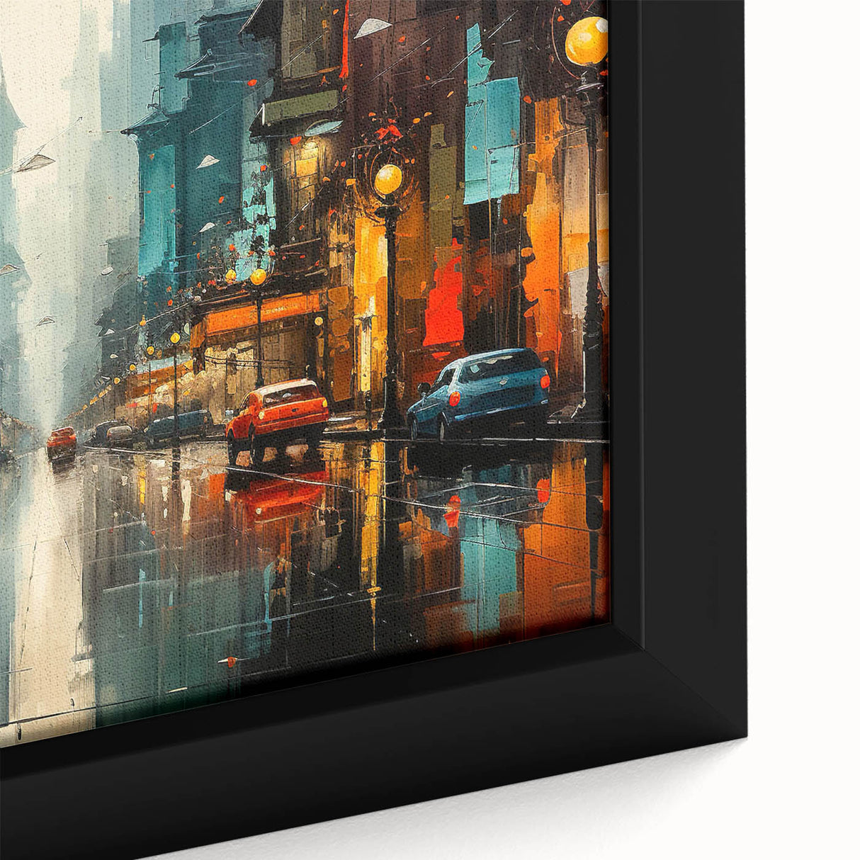 Close-up of a framed landscape wall art canvas depicting a winding road through lush greenery, showcasing vibrant colors and intricate details, perfect for home decor.
