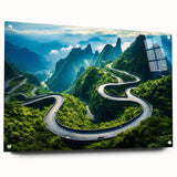 Acrylic wall art showcasing a vibrant landscapes and roads design, displayed on a sleek glass panel. This side view highlights the intricate details and vibrant colors, perfect for adding a modern touch to any decor.