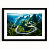 Black-framed wall art featuring a scenic landscape road design, elegantly matted for a polished look, ideal for home decor or office spaces.