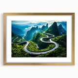 Framed wall art showcasing a scenic landscape with winding roads, featuring a gold mat and sleek frame, perfect for modern home decor and interior design enthusiasts.