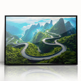 Framed acrylic wall art featuring a scenic landscape with winding roads, set in a sleek black frame, ideal for modern home decor and interior design enhancement.