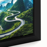 Close-up of a framed canvas wall art piece showcasing a vibrant landscape design with winding roads, rich colors, and intricate details, perfect for modern home decor.
