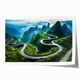 Vibrant rolled print showcasing a scenic landscape road design with lush greenery and a clear blue sky, ideal for home decor or office spaces.