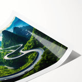Rolled print of a serene landscape featuring winding roads and lush greenery, designed for wall art collection, packaged securely in a protective tube.