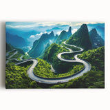 Stretched canvas artwork featuring a serene landscape with winding roads and lush greenery, ideal for home decor or office environments, enhancing tranquility and aesthetics.