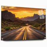 Acrylic glass wall art piece showcasing a vibrant landscape design featuring winding roads and lush greenery, presented from a side view with decorative pins for mounting. Perfect for modern home decor, this artwork adds a touch of nature-inspired elegance to any space.