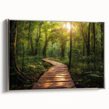 Framed canvas wall art showcasing a serene landscape with winding roads, designed in soft hues of green and blue, presented with a sleek silver frame for an elegant touch. Ideal for modern home decor, this artwork evokes tranquility and adventure, perfect for enhancing living spaces or offices.