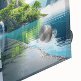 Close-up of a vibrant acrylic glass wall art piece showcasing a stunning landscape design with winding roads and lush greenery, perfect for home decor.