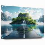 Acrylic glass wall art depicting a scenic landscape with winding roads, highlighted by vibrant colors and intricate details, designed to enhance modern interiors.