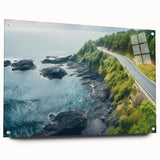 Acrylic glass wall art design showcasing a vibrant landscape with winding roads, presented in a side view format, highlighting intricate details and colors. Perfect for modern decor.