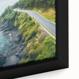 Framed canvas artwork showcasing a vibrant landscape with winding roads and lush greenery, designed to enhance home decor with its vivid colors and intricate details.