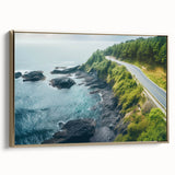 Framed canvas wall art featuring a scenic landscape with winding roads and golden hues, perfect for modern home decor. Ideal for adding warmth and depth.