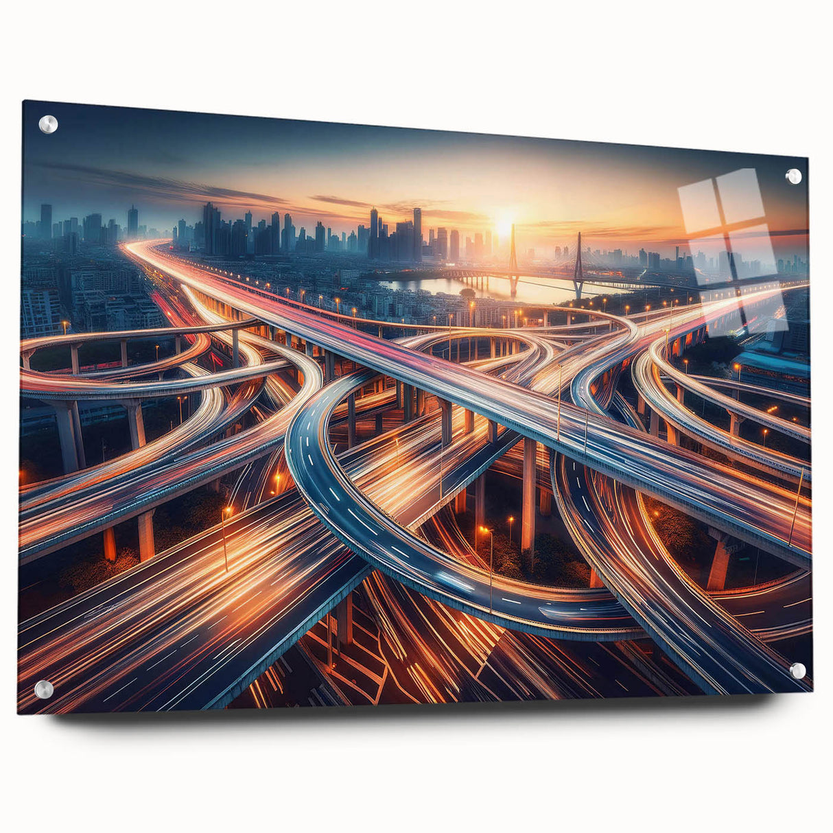 Acrylic glass wall art design showcasing a vibrant landscape road scene, featuring a side view with pins for easy display. Perfect for modern home decor enthusiasts.