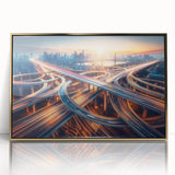 Framed acrylic artwork showcasing a stunning landscape road design with golden accents, ideal for modern home decor and gallery walls. Perfect for art enthusiasts.