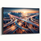 Framed canvas wall art showcasing a serene landscape with winding roads, featuring vibrant colors of green and blue, perfect for modern home decor.