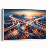 Framed canvas wall art showcasing a serene landscape with winding roads, set against white borders, perfect for modern home decor and enhancing interior aesthetics.