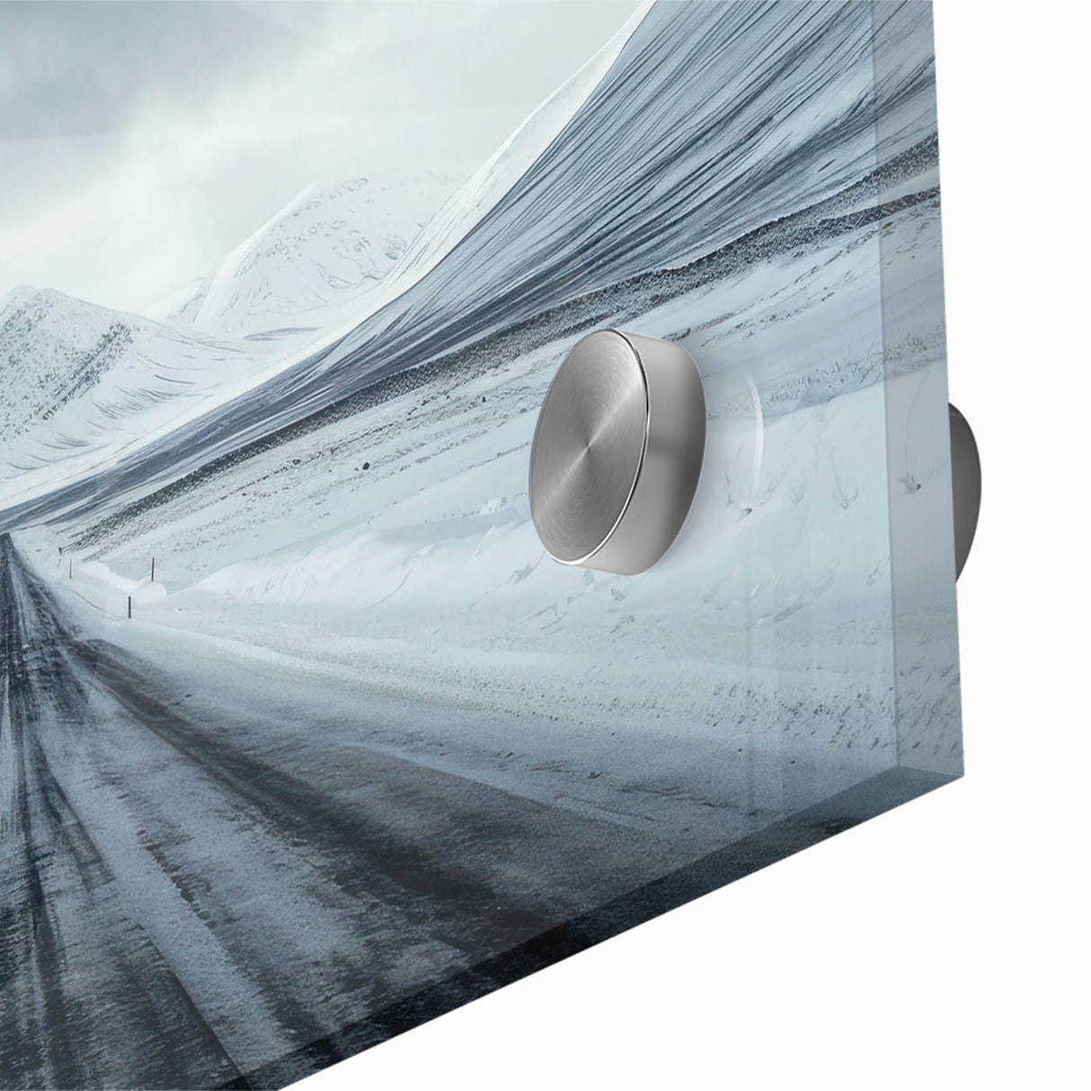 Close-up of a vibrant acrylic glass wall art piece showcasing a stunning landscape design with winding roads, ideal for modern home decor and artistic interiors.