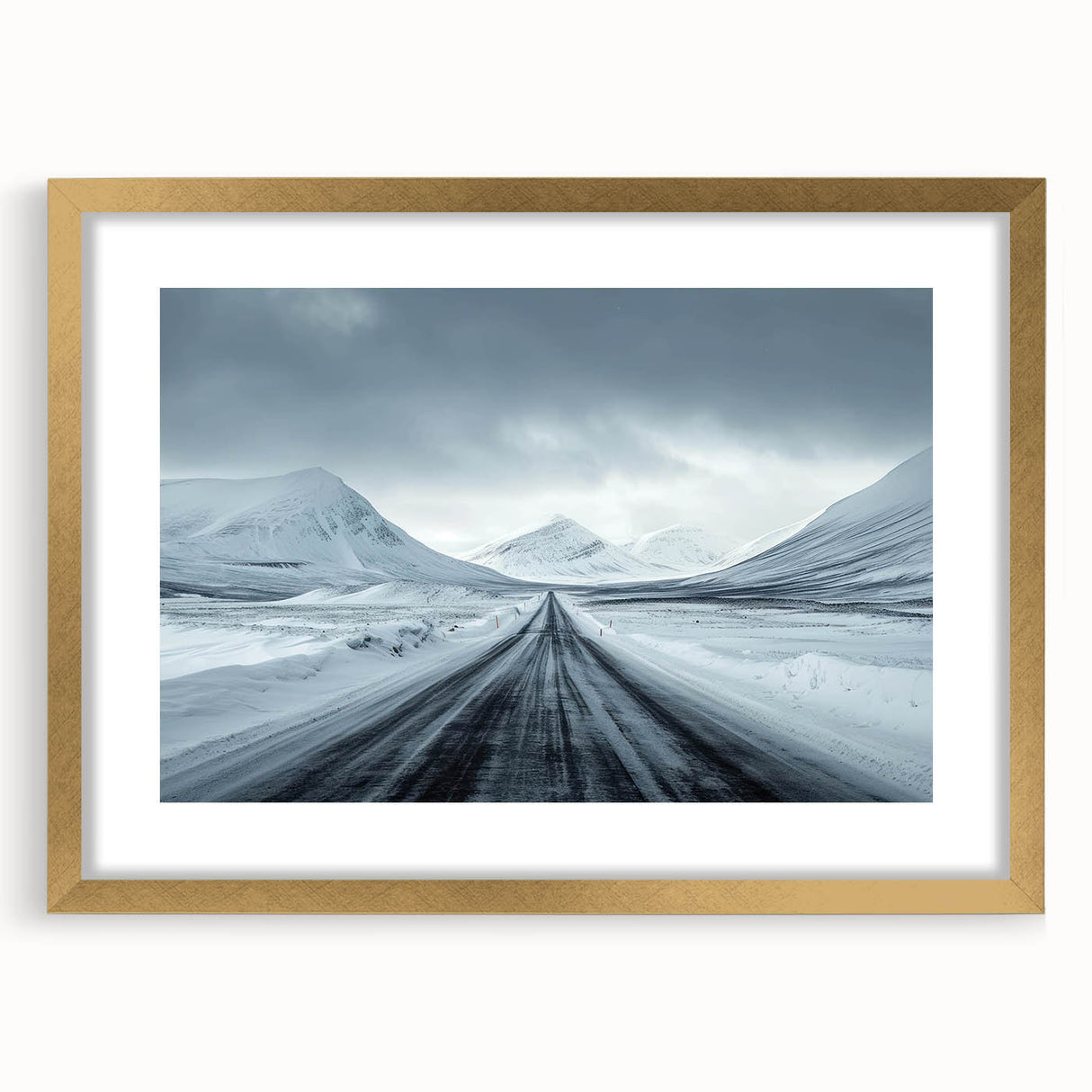 Framed landscape wall art featuring a serene road design in soft colors, with a gold mat and frame, perfect for home decor and modern aesthetics.
