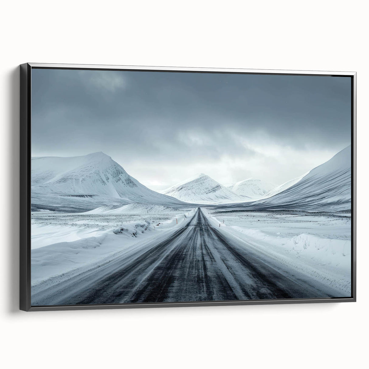 Framed canvas wall art showcasing a modern landscape design with winding roads and vibrant colors, set against a sleek black frame, perfect for home décor.