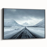 Framed canvas wall art showcasing a modern landscape design with winding roads and vibrant colors, set against a sleek black frame, perfect for home décor.