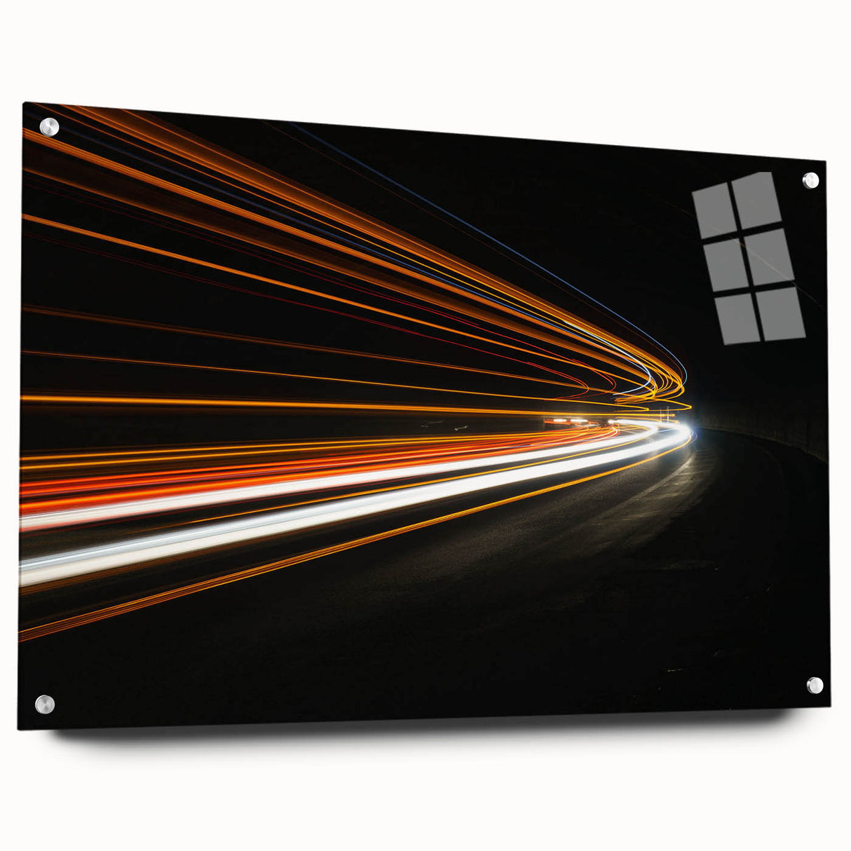 Acrylic glass wall art showcasing a vibrant landscape road design, viewed from the side. This modern decor piece is ideal for enhancing contemporary interiors.