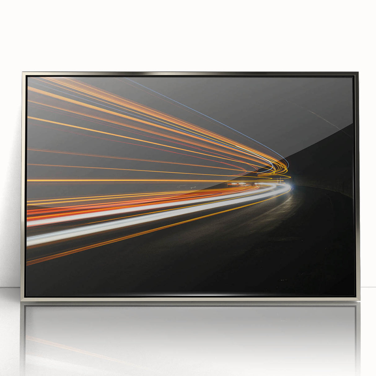 Framed wall art showcasing a serene landscape road design in silver-acrylic finish, perfect for modern home decor. Ideal for adding elegance to any space.