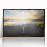 Framed acrylic wall art featuring a modern landscape design with a gold border, showcasing a serene road scene perfect for contemporary decor in living spaces.