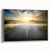 Framed canvas wall art showcasing a serene landscape with winding roads, featuring silver accents and a modern design, perfect for contemporary home decor.