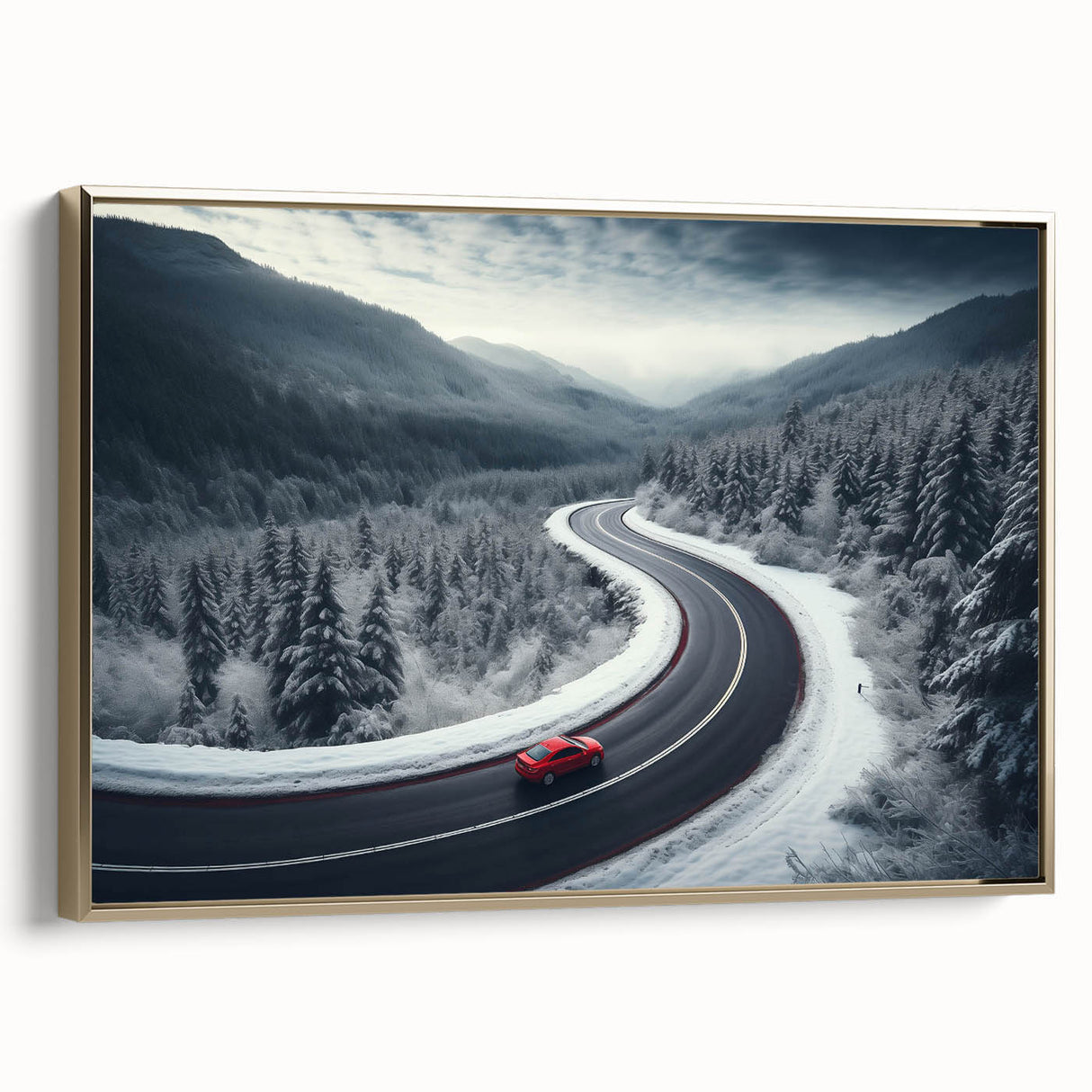 Framed canvas wall art showcasing a modern landscape design with golden accents, displayed in a stylish side view, perfect for contemporary home decor.