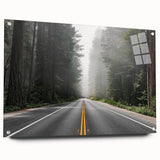 Acrylic glass wall art depicting a vibrant landscape road design, featuring rich colors and intricate details, elegantly displayed with stylish pins for modern decor.