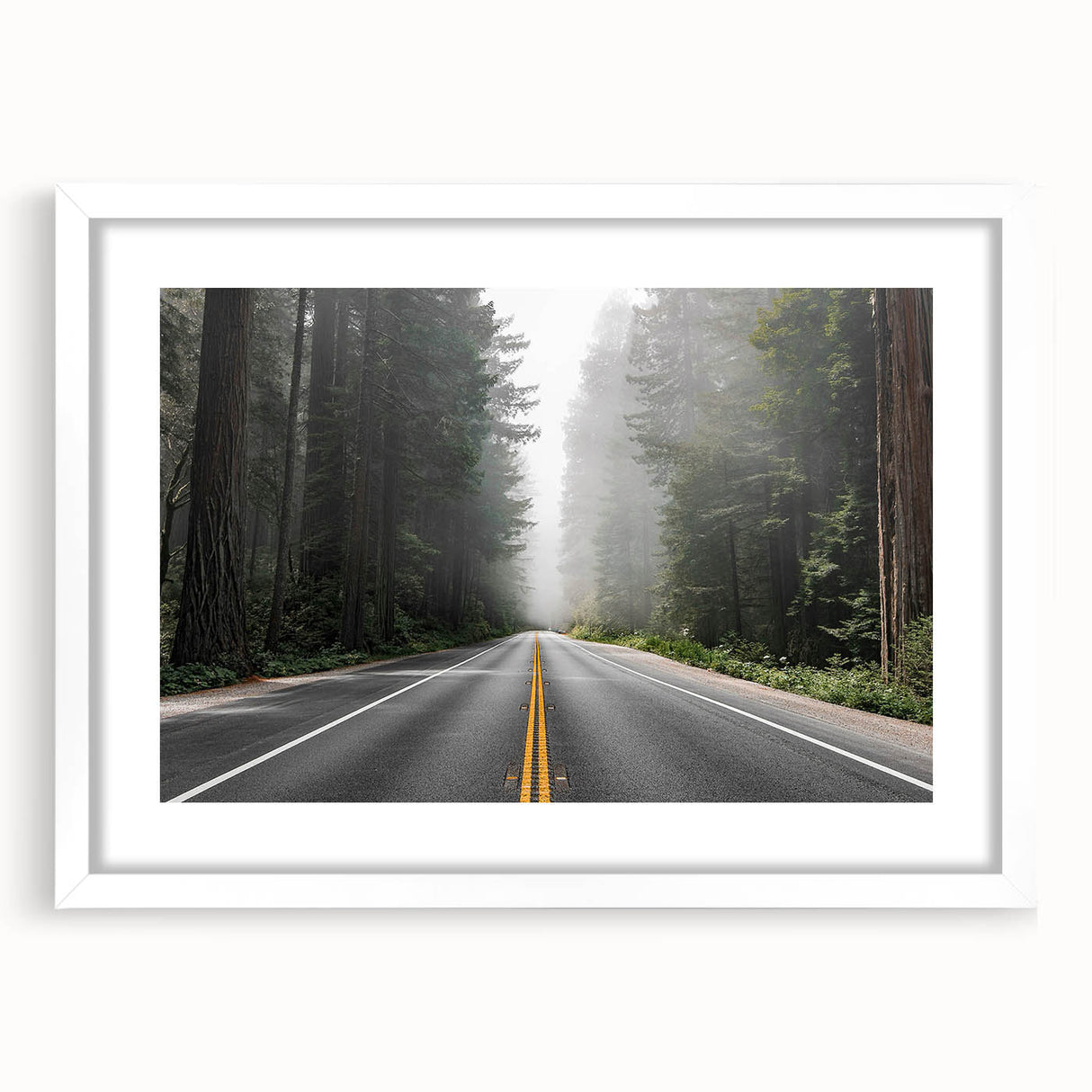 Framed landscape wall art featuring a scenic road design with vibrant colors, set in a sleek white mat and frame, perfect for home decor enhancement.