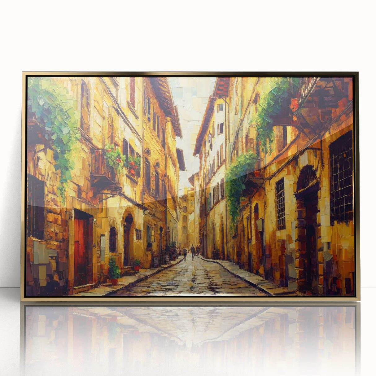 Framed wall art featuring a stunning landscape design with winding roads and vibrant colors, set in an elegant gold frame, perfect for home decor enhancement.