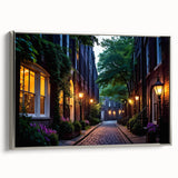 Framed canvas wall art showcasing a scenic landscape with winding roads and vibrant colors, elegantly displayed with a silver frame, perfect for modern home decor.