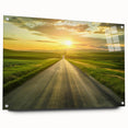 Acrylic glass wall art showcasing a modern landscape design with vibrant colors and intricate details, displayed from a side view with visible mounting pins.