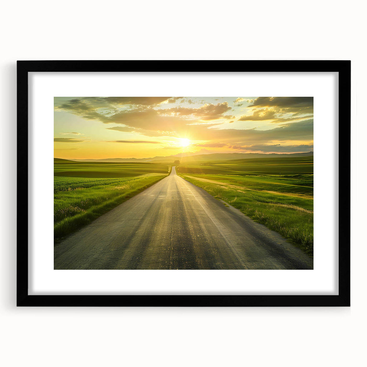 Framed wall art featuring a stunning landscape design with roads, showcasing vibrant colors and intricate details, set in a sleek black frame with a mat for elegance.
