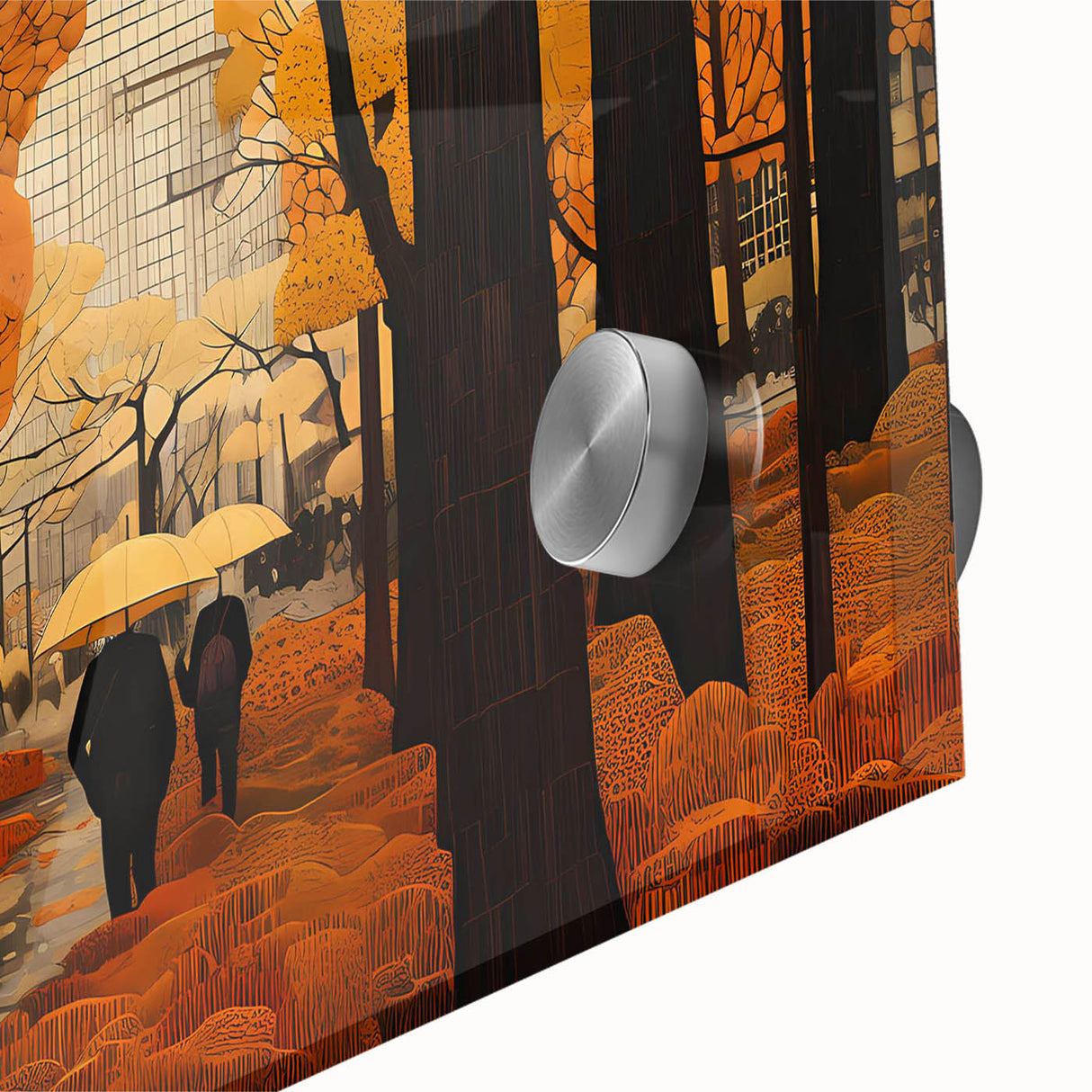 Close-up of a vibrant acrylic glass wall art piece depicting a scenic landscape with winding roads, showcasing rich colors and intricate details perfect for home decor.