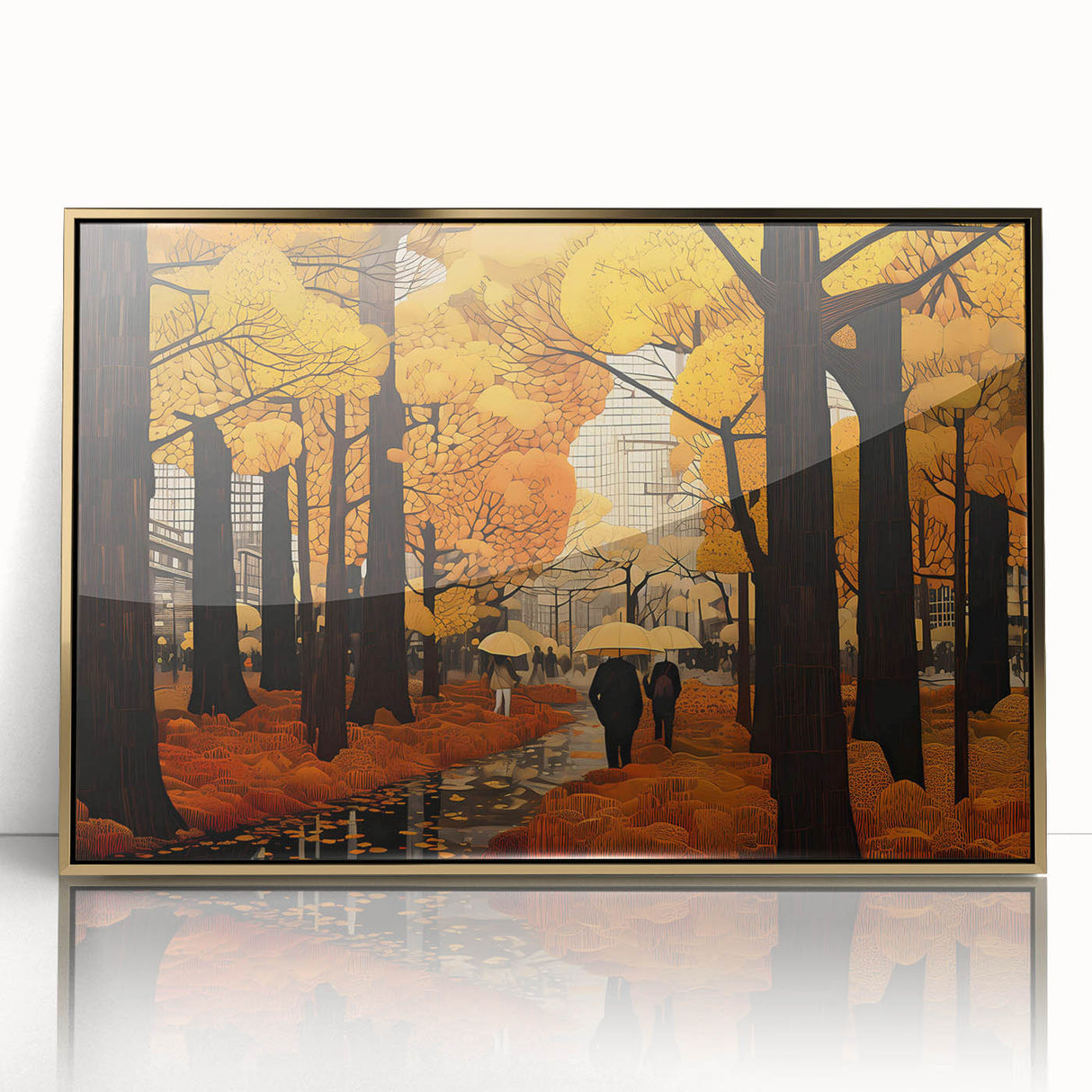 Framed acrylic wall art featuring a stunning landscape design with winding roads, set against a golden hue, perfect for modern home decor.