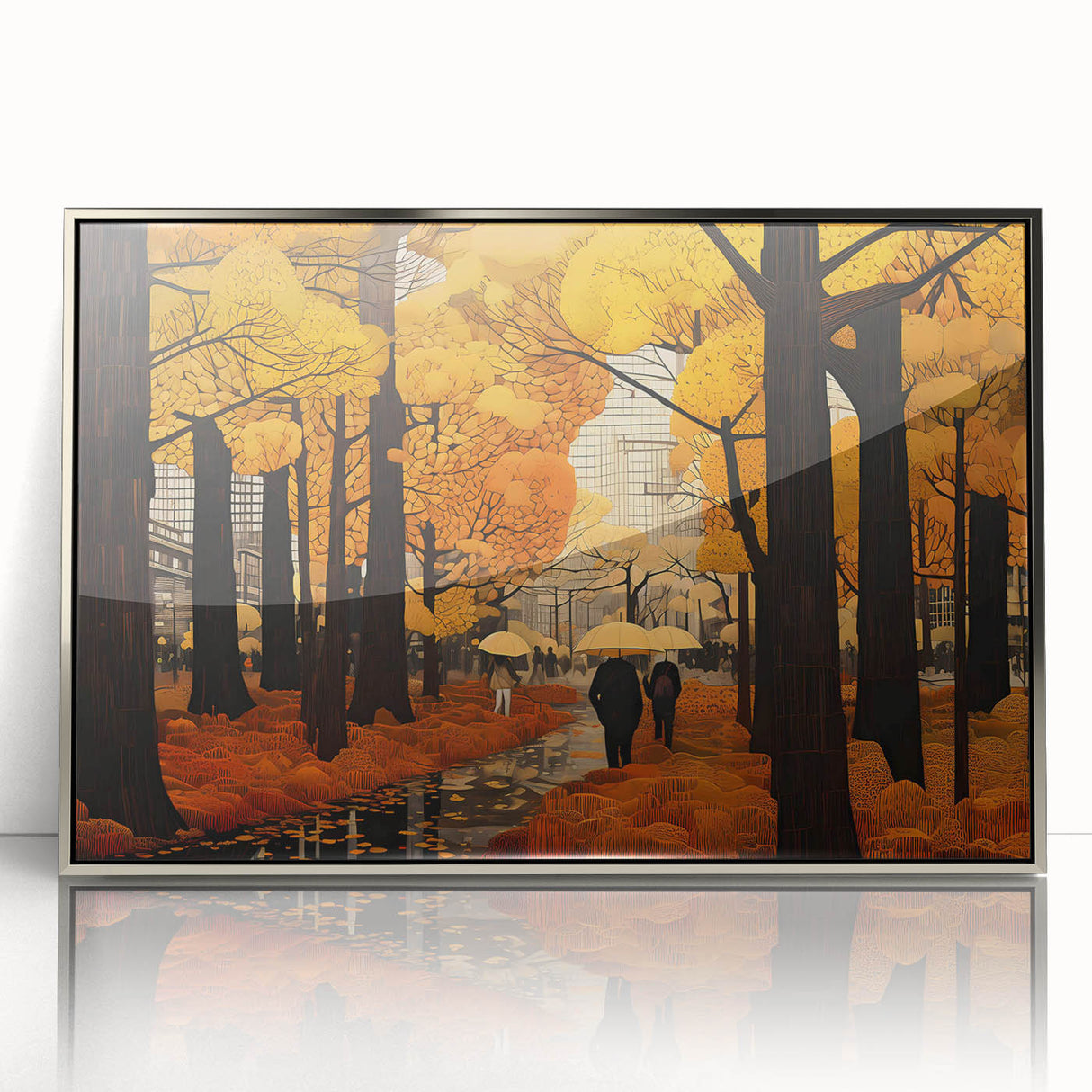 Framed acrylic artwork displaying a modern landscape road design, featuring silver accents and a vibrant color palette, perfect for contemporary home decor.