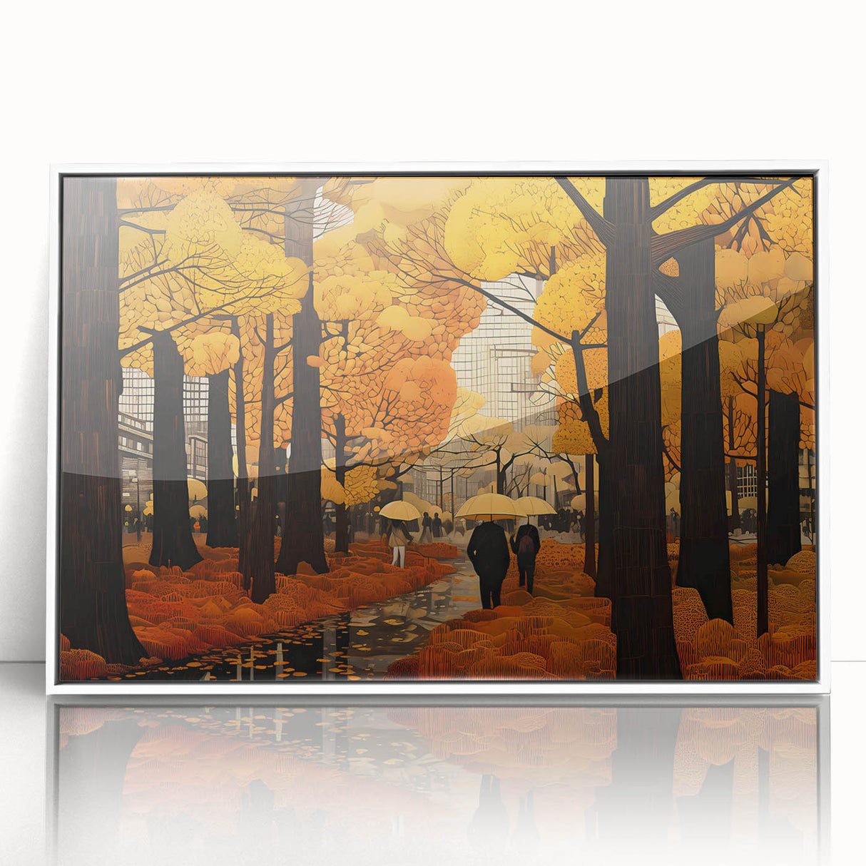Framed acrylic wall art featuring a serene landscape with winding roads and lush greenery, presented in a sleek white frame, ideal for modern home decor.